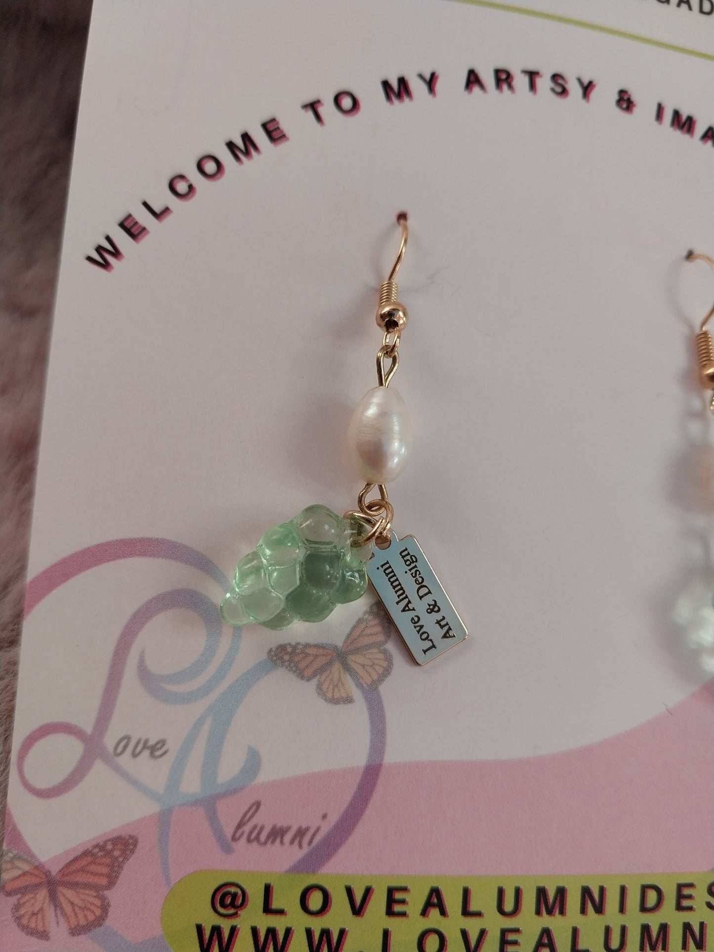 Vintage Glass Grapes and Pearls Earrings 18K Gold Plated
