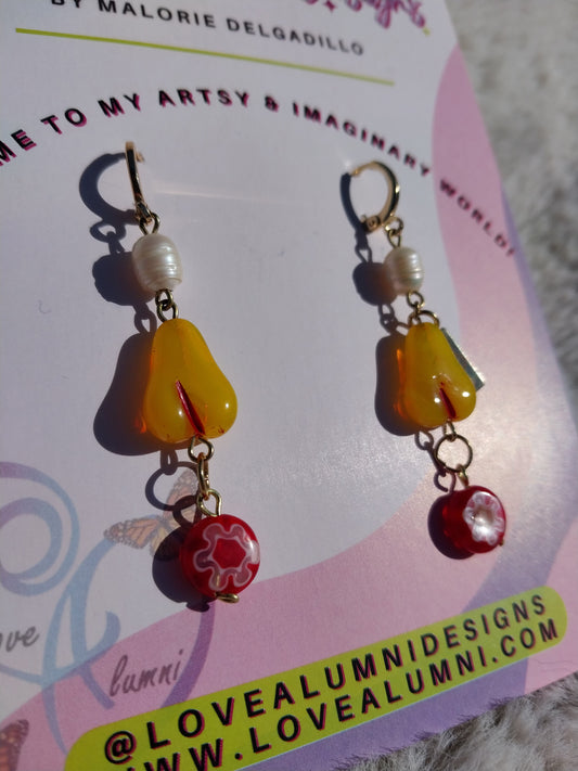 Vintage Glass Pear and Pearls Earrings 18K Gold Plated
