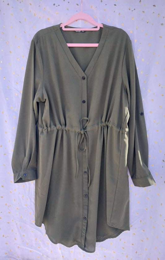 Autumn Green Cinch Waist Button Up Dress