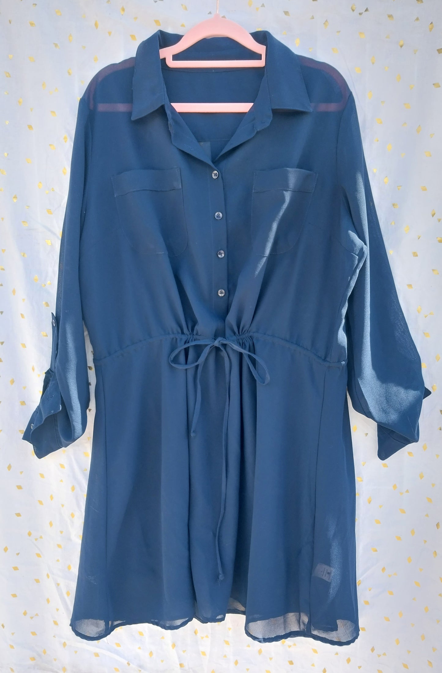 Navy Cinch Waist Button Up Dress