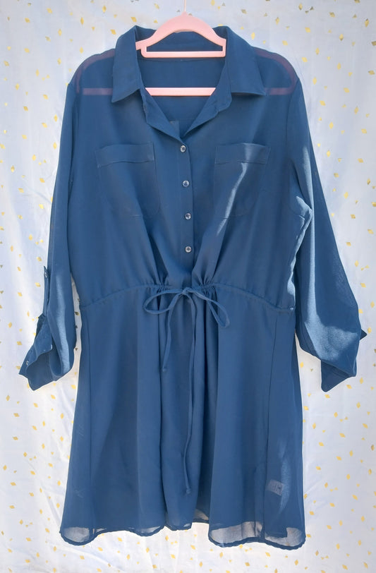 Navy Cinch Waist Button Up Dress