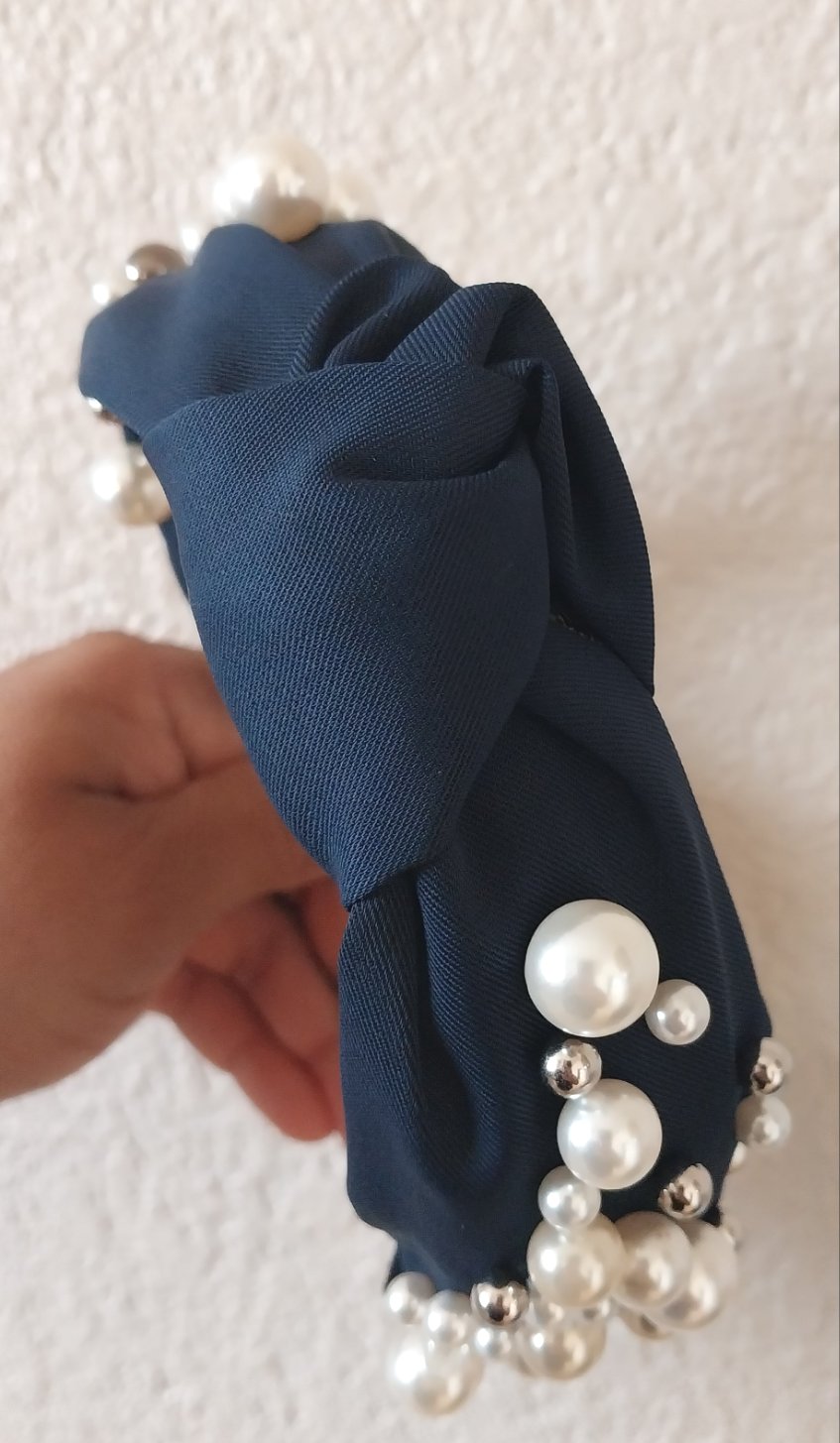 Navy Pearl Embellished Headband