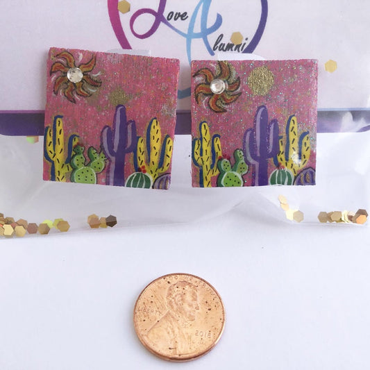 Cacti Cutie 18K Gold Plated Hand Painted Earrings