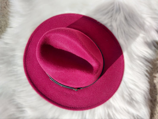 Deep Rose Fedora Stiff Brim Hat with Black Strap