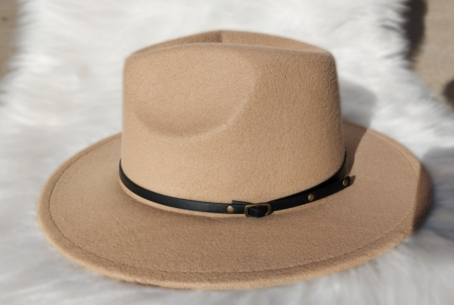 Tan Fedora Stiff Brim Hat with Black Strap